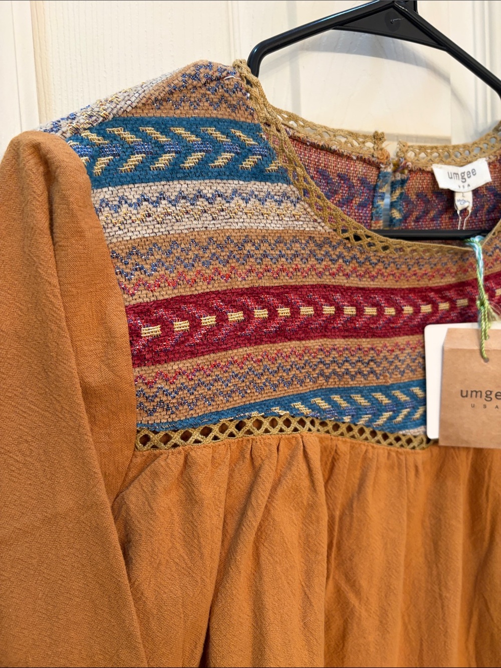 Umgee Rust Long Sleeve Boho Tunic Dress with Multicolor Yoke - Picture 4 of 5